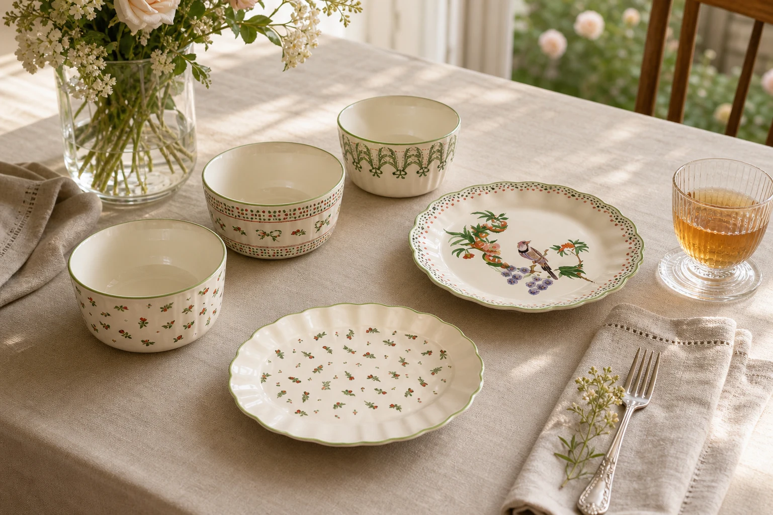 Bowls and plates styled together on a linen dining table