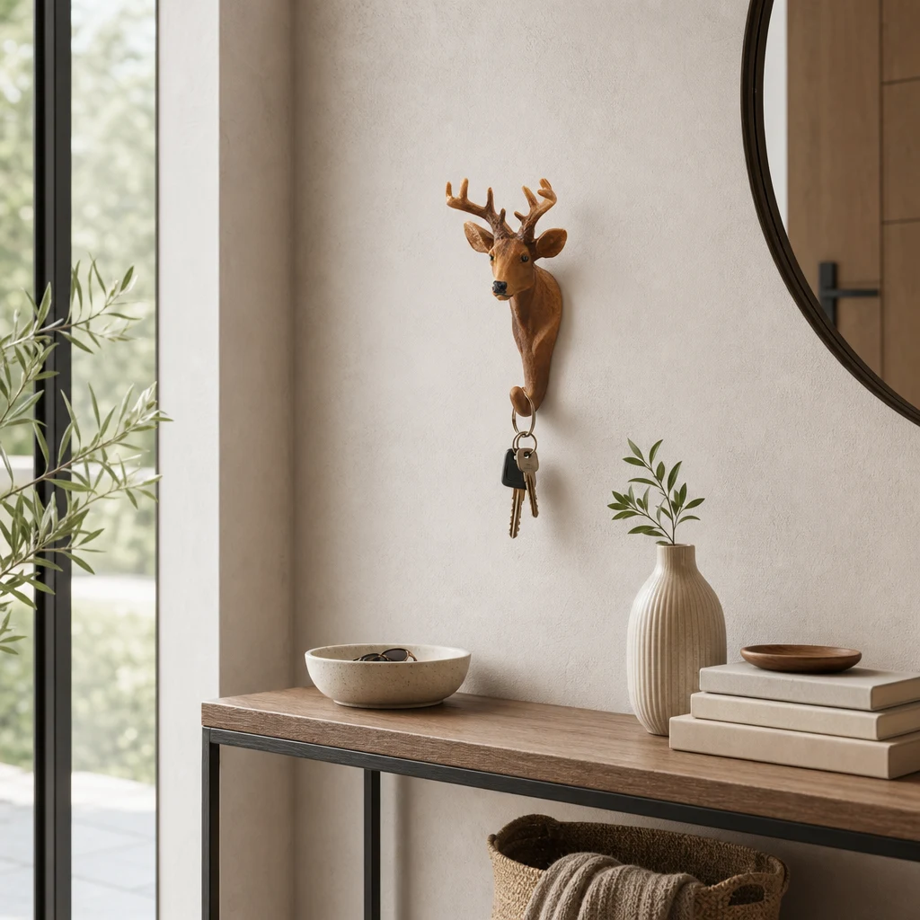 Safari animal wall hook holding keys in an entryway