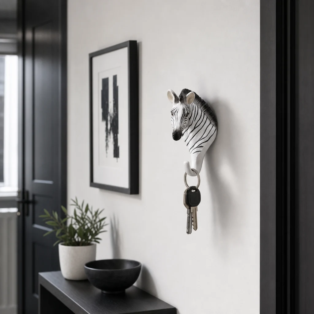 Zebra wall hook with keys in a hallway